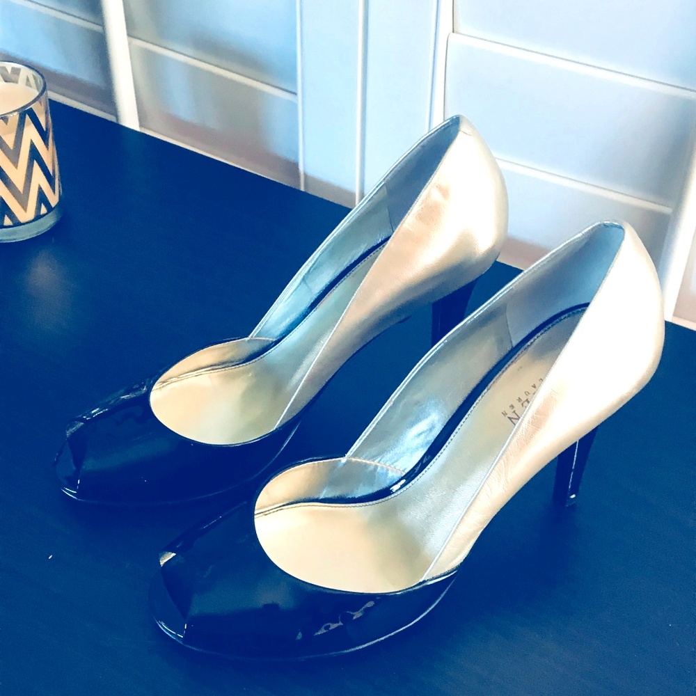 Ralph Lauren Peep Toe Black and Gold High Heel.